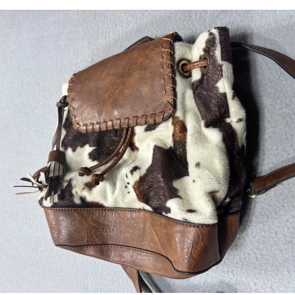 Jen & Co Backpack OS Cow Print Brown Faux Leather Tassel Western Boho Bag